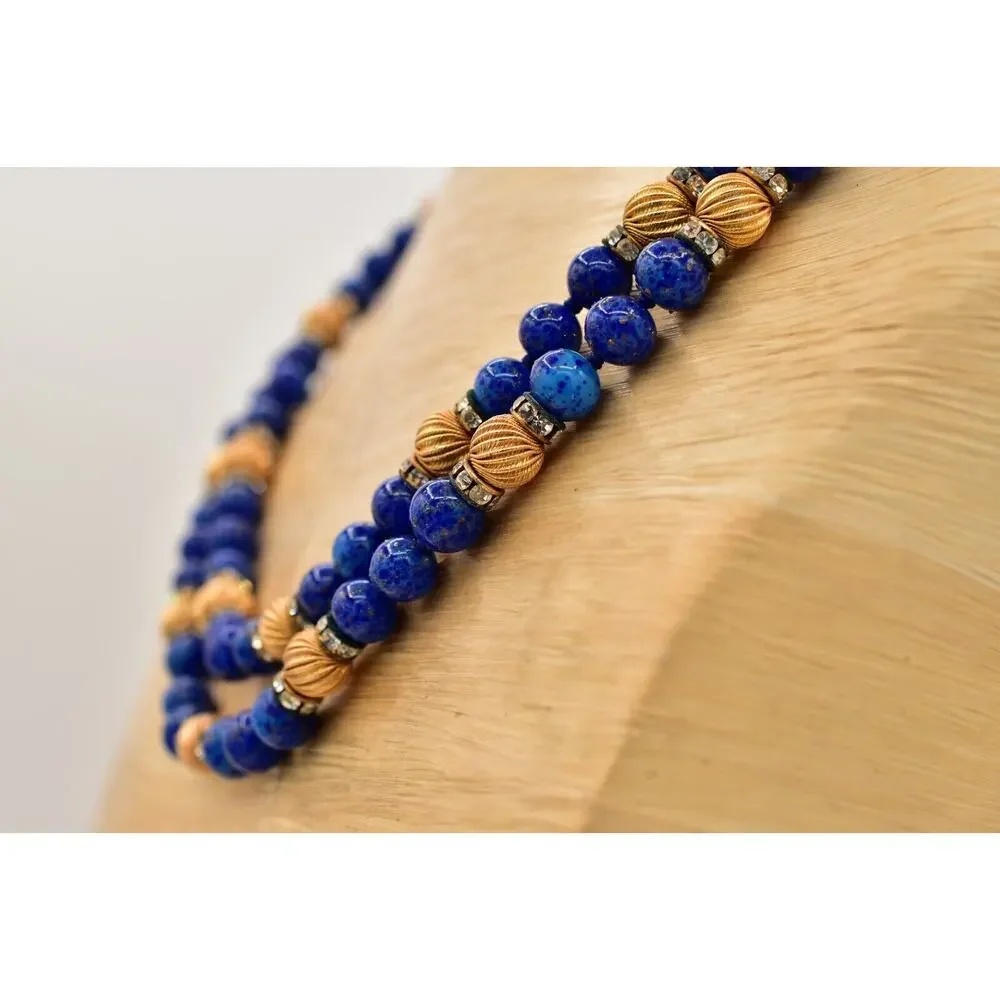 Vintage Lapis Lazuli Collar Beaded Necklace Layered Gold Tone Crystal 70s BinBD